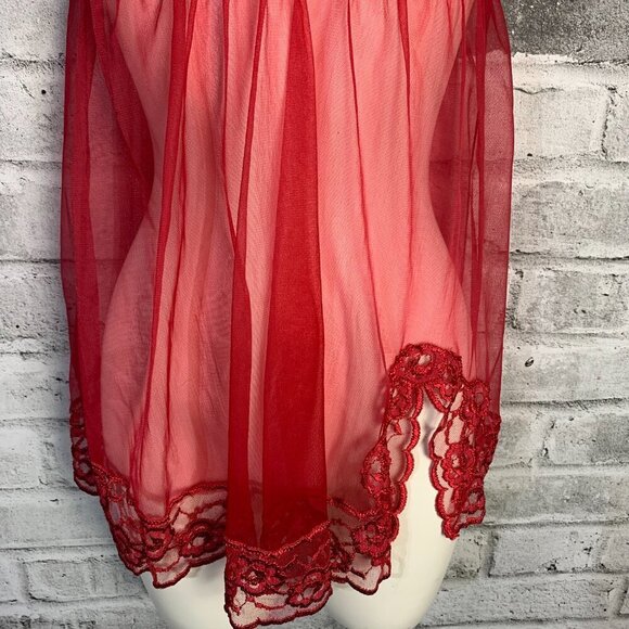 Fredricks of Hollywood Red Sheer Mesh Lace Babydoll Camisole Slip Lingerie - Picture 4 of 16